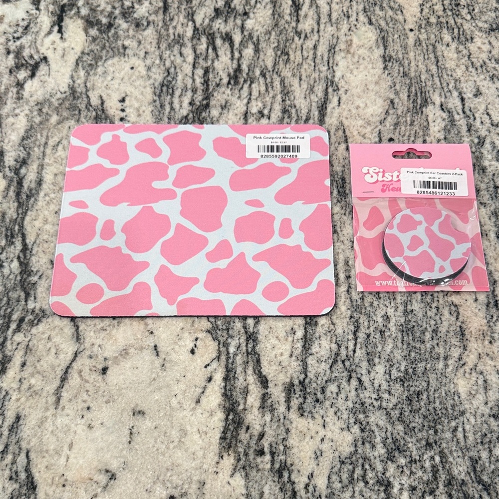Pink Cow Print Mouse Pad and Car Coaster Set